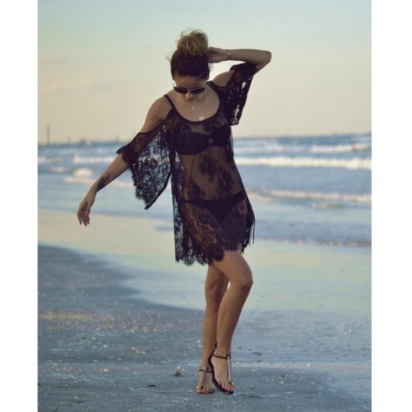 🎉HP🏖️ Boutique Black Sexy Lace Beach Cover - Picture 5 of 8